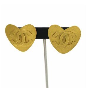 CHANEL CC Logos Heart Clip-On Earrings Gold Tone 95P Auth